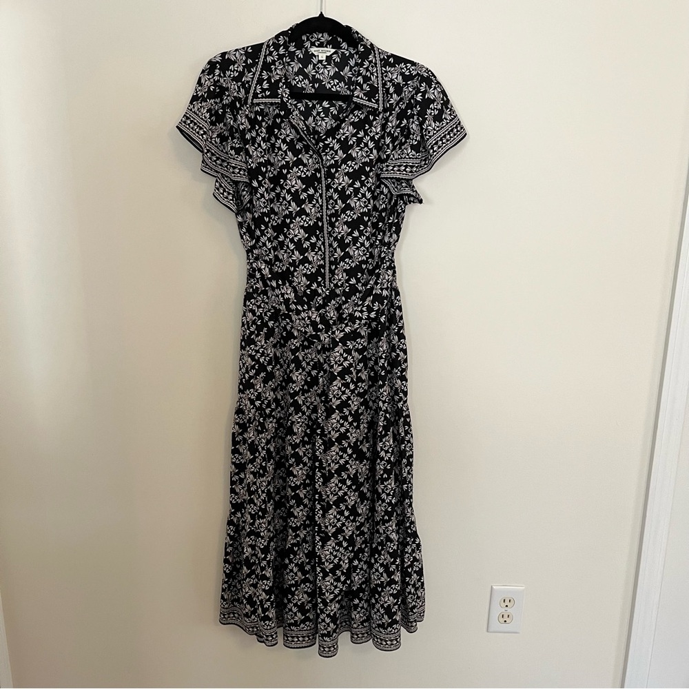 Fit and flare midi dress with flutter sleeve tie waist